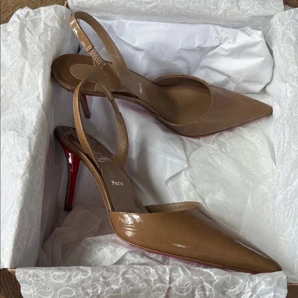 Christian Louboutin apostropha sling 80 pump lionne beige camel stiletto sz 37.5 - Picture 7 of 10
